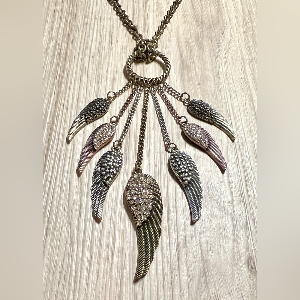 Vintage VCLM Bronze Tone Wing Chandelier Necklace With Cubic Zirconia Accents